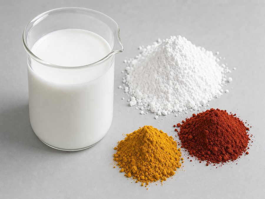 Boya raw materials: akrilik emülsiyon, titanyumdioksit ve demir oksit pigment numuneleri